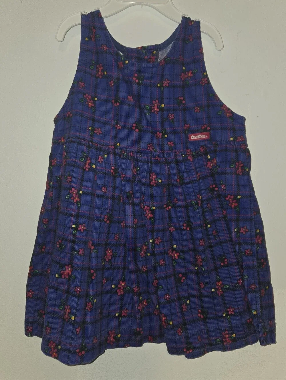 Oshkosh Vintage Purple Blue Plaid Dress with Pink Floral Accents 3t